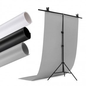Набор из 3х виниловых фонов и стойки для предметной съемки, 100х200 (Белый, Черный, Серый)