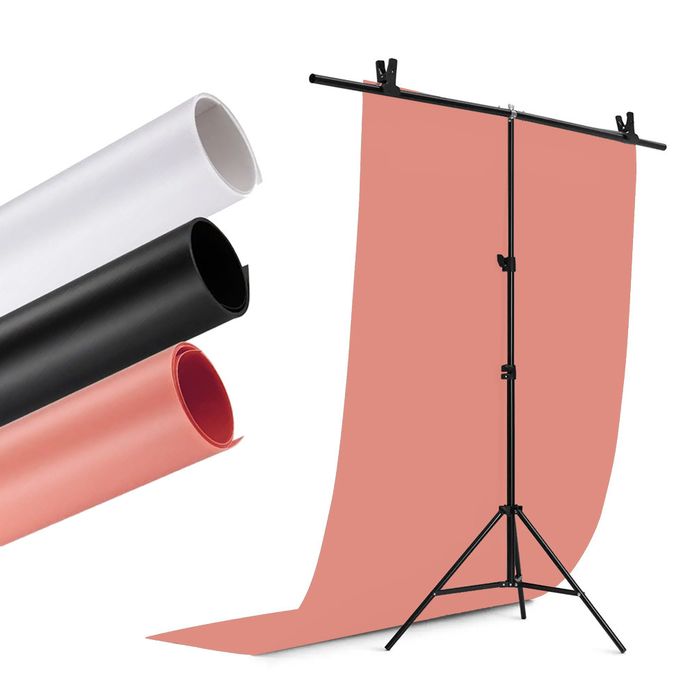Набір з 3х вінілових фонів та стійки для предметної зйомки, 100х200 (Білий, Чорний, Рожевий)