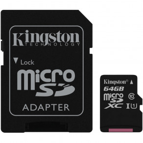Карта памяти Kingston 64GB microSDXC C10 UHS-I R80MB/s + SD адаптер