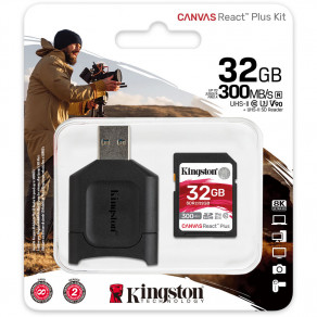 Карта памяти SD Kingston Canvas React Plus 32GB UHS-II, U3, V90 (R300/W260) + USB-кардридер
